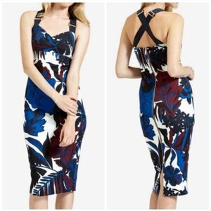 Ted Baker Floral Print Bodycon Midi Dress 0 US 2 Blue Maroon Tropical Bombshell